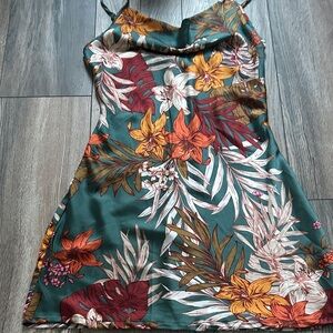 SHEIN Teal Tropical Floral Slip Dress with Orange & Yellow Blooms